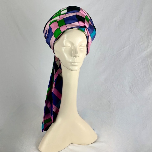 1960s Mr Ken Turban and Matching Scarf M Pink Purple Green Color Block Excellent